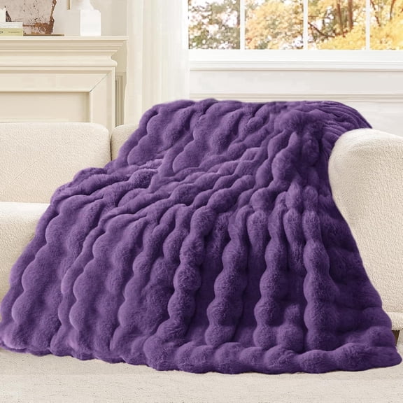 GHOUSE Fuzzy Faux Fur Throw Blanket Soft Fuffy Queen Size Large Blanket for Couch Bed Sofa 60 x 80 Inches Purple