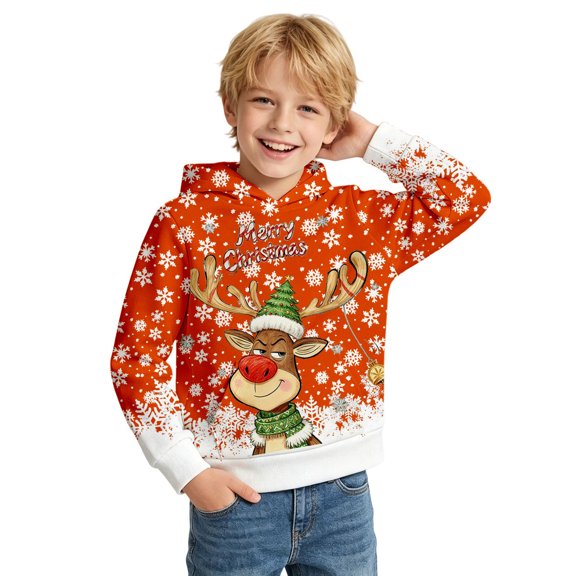 RUTAYY Boys Christmas Hoodie Reindeer Snowflake Graphic Winter Warm Pullover Sweatshirt for Kids Holiday Wear, Orange