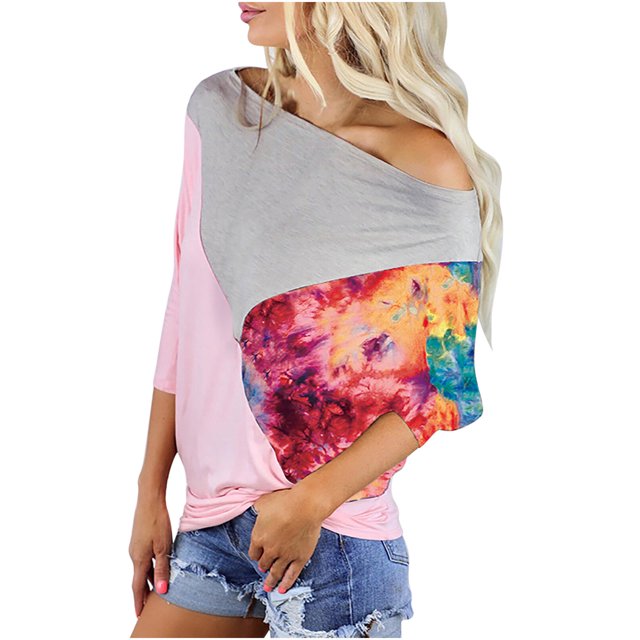 Pompotops T-Shirt Patchwork Imprimé Épaules Dénudées Manches Courtes Décontracté pour Femmes