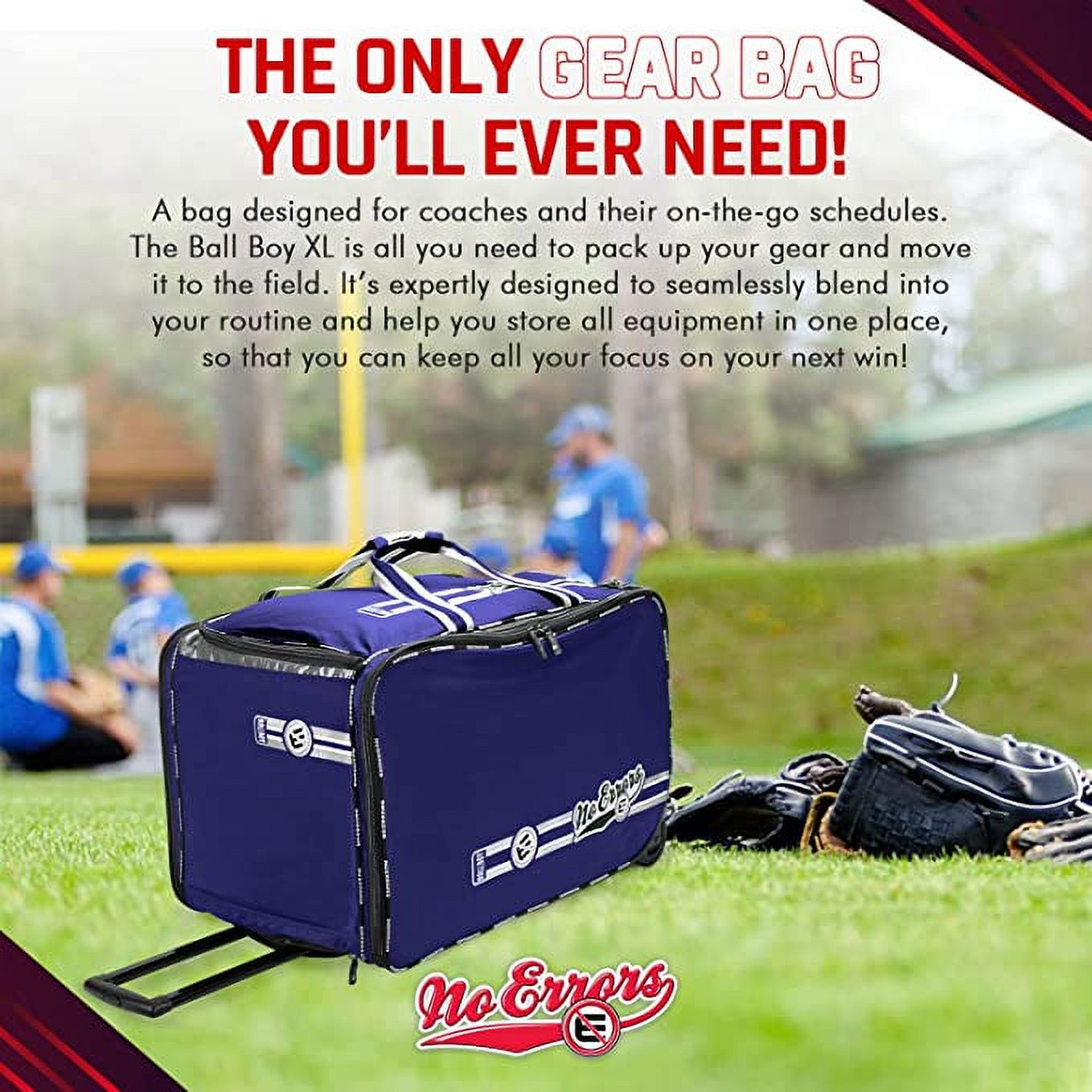 Ball Boy XL Wheeled Baseball Coaches Bag - Heavy Duty Baseball and Softball Bag for Coaches - Holds Two 6 Gallon Ball Buckets and Coaching Equipment