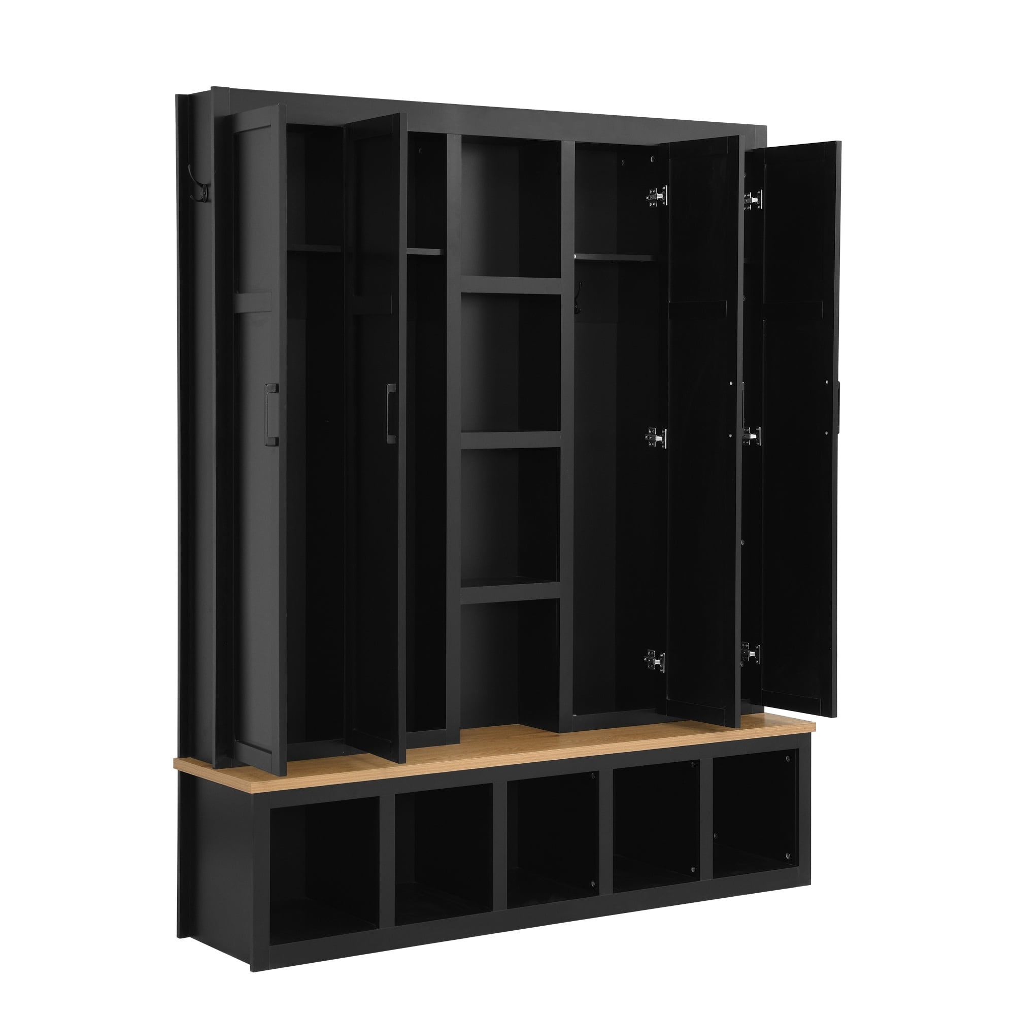 Farmhouse 4-in-1 Hall Tree with 6 Hanging Hooks, 62.9''W Mudroom Wood Grain Bench Shoe Organizer with Cubbies, Entryway Coat Rack with Storage Shelves for Hallway, Living Room