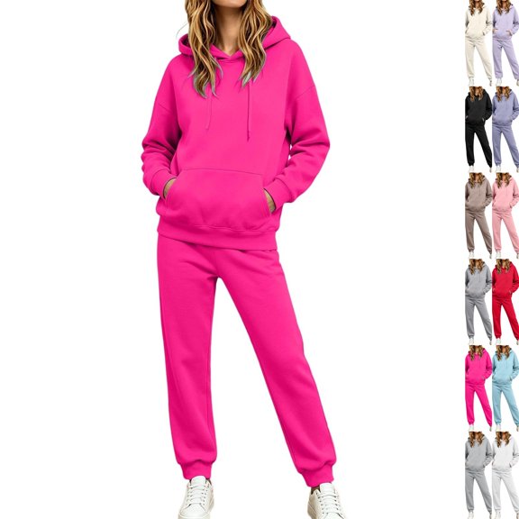 Women's Pullover Hoodie Sweatsuit 2 Piece Set Long Sleeve Hooded Sweatshirt Straight Leg Sweatpants Athletic Jogging Tracksuit with Pockets Hot Pink S