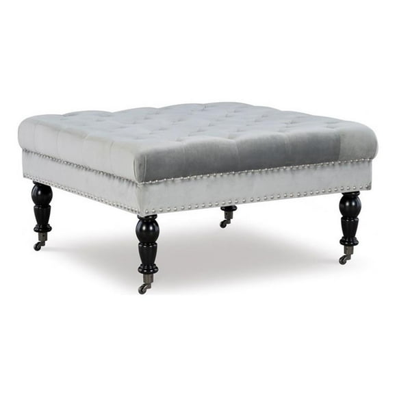 Linon Isabelle Pouf Carré Rembourré Pieds Noirs en Tissu Gris Pâle