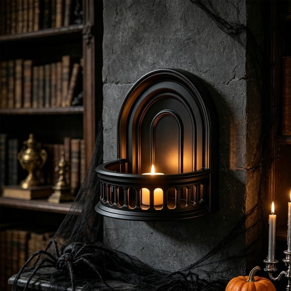 ALORINA Medieval Wall Candle Sconce, Gothic Arch Display Shelf with Matte Black Finish, LED Candle Stand for Dark Room Vanity Altar Decor
