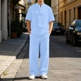 thumbnail image 2 of CONZONE Mens 2 Peice Linen Outfits Solid Color Short Sleeve Henley Shirts Pant Sets Breathable Summer Track Suits, 2 of 5