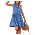 thumbnail image 2 of VISgogo, vestido vaquero a la moda de verano para mujer, vestido corto sin mangas con tiras y cuello en V de Color sólido, vestido corto informal holgado acampanado VISgogo moda, 2 of 9