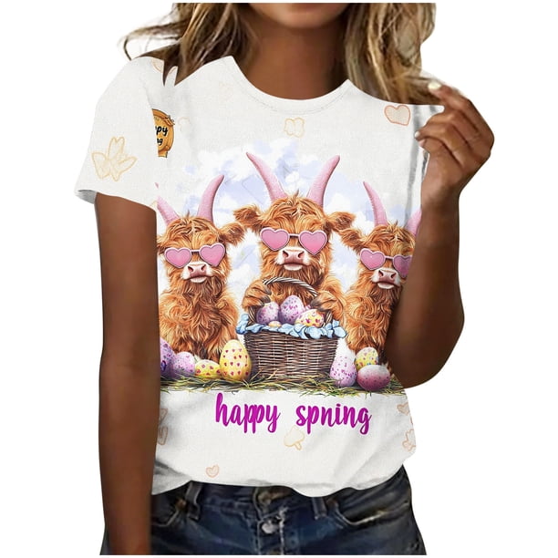 Camiseta de Manga Corta Casual de Pascua Suelta de Mediana Longitud con Cuello Redondo, Poliéster Suave para Uso Diario de Primavera Y Ocasiones Festivas