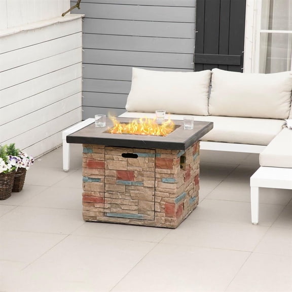 Topcobe 32" Outdoor Auto-Ignition Propane Gas Fire Pit Table with Lava Rocks, Faux Stone Fireplace, Rain Cover Included, 50,000 BTU, Brown
