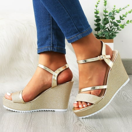 

Ladies Fashion Solid Color Leather Platform Open Toe Buckle Wedge Sandals