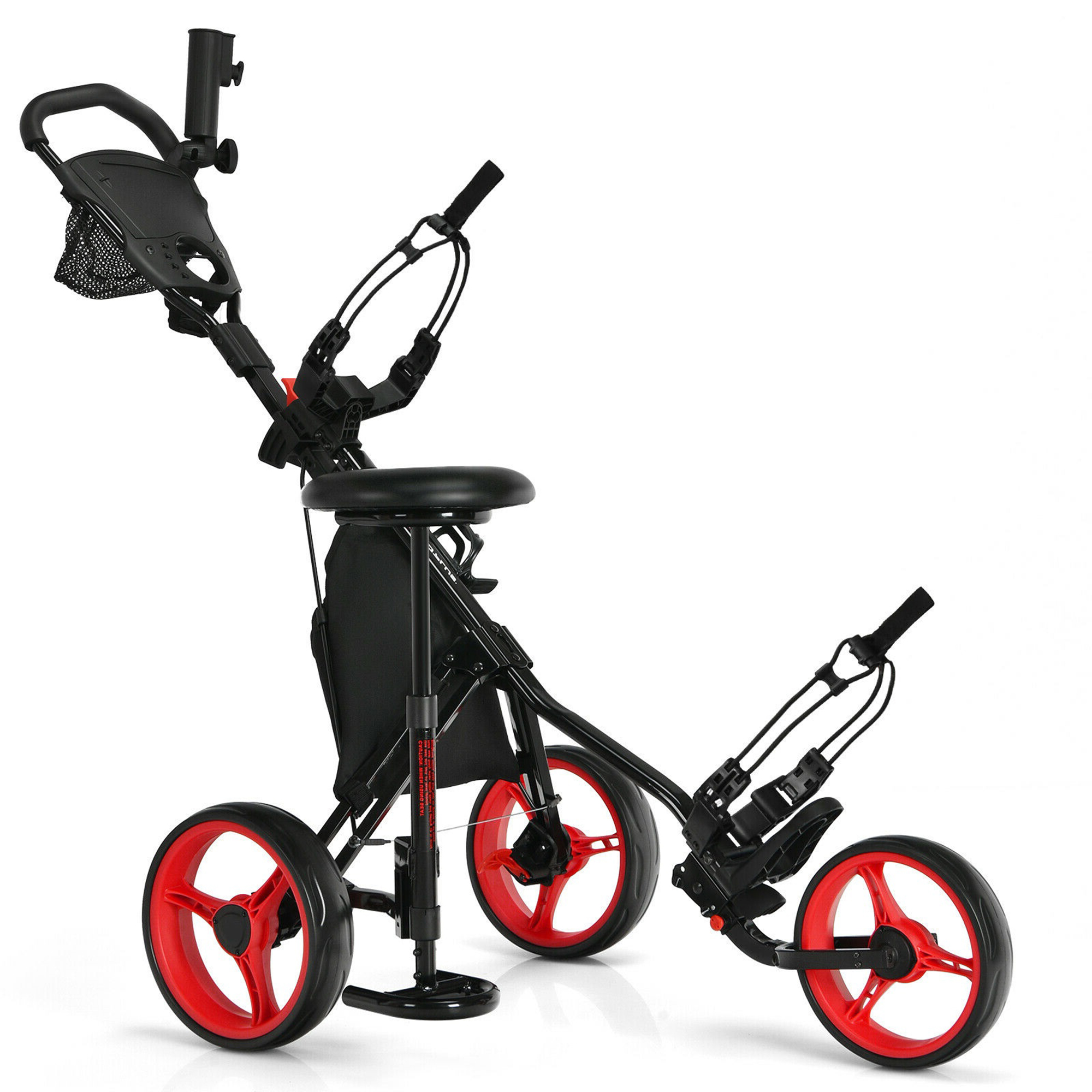 Gymax 3Wheel Foldable Golf Push Pull Cart Trolley w/ Seat Adjustable