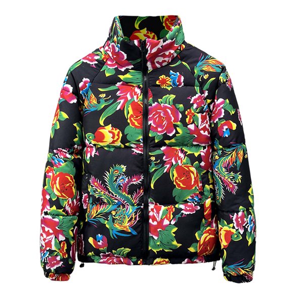 Men's Winter Thickened Casual Style Floral Printed Coat Jacket With Pockets