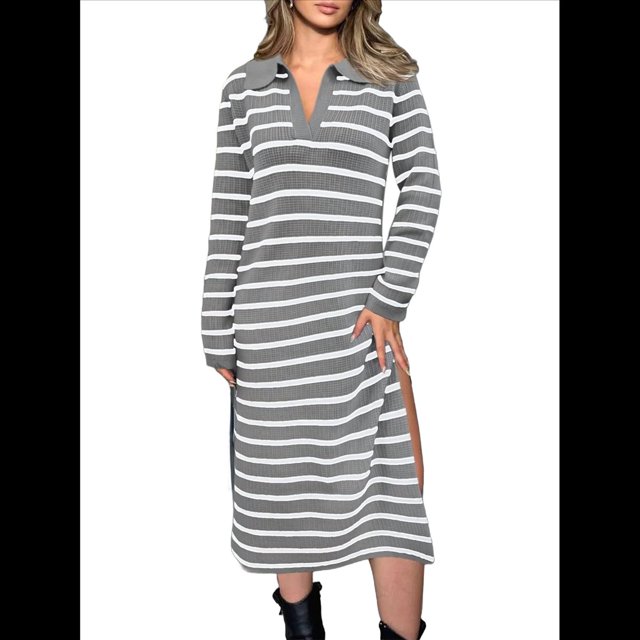 Vestido de Suéter A Rayas para Mujer, Otoño, de Punto Grueso, Cuello en V, Larga, Abertura, Holgado, Midi. Gris L