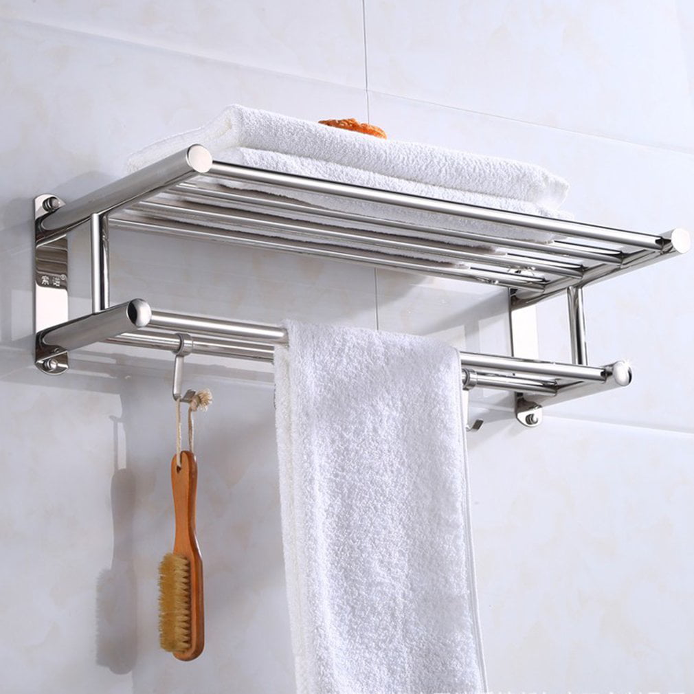 Silver Bathroom Towel Shelf Towel Holder Stainless Steel Wall-Mounted ...