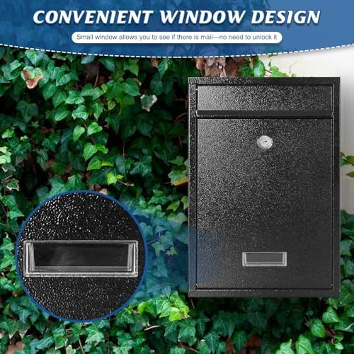 Key Lock Mailboxes for Outside, Locking Wall Mount Mailbox, Security Key Drop Box for Letters, Cash, Cards, Steel Mail Box for House Office School, 12.4H x 8.54L x 3.35W Inches, Black