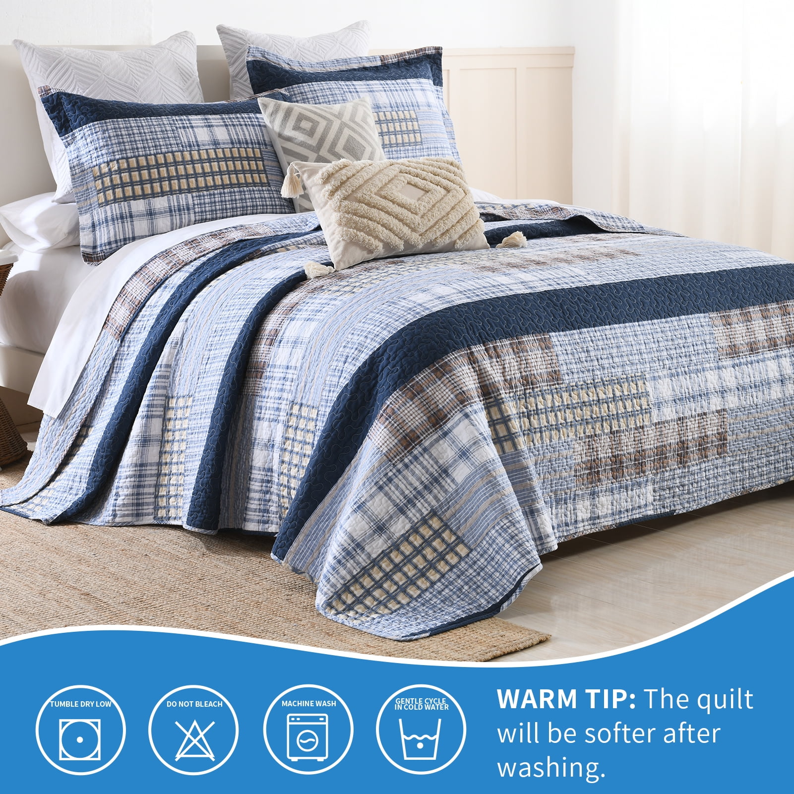 Bedduvit Navy Blue Cotton Quilt Queen - 100% Cotton Patchwork Plaid Striped Quilts for Queen Beds, Lightweight Reversible Modern Farmhouse Bedspread Quilt Set, 3-Piece All-Season Quilt Bedding Set