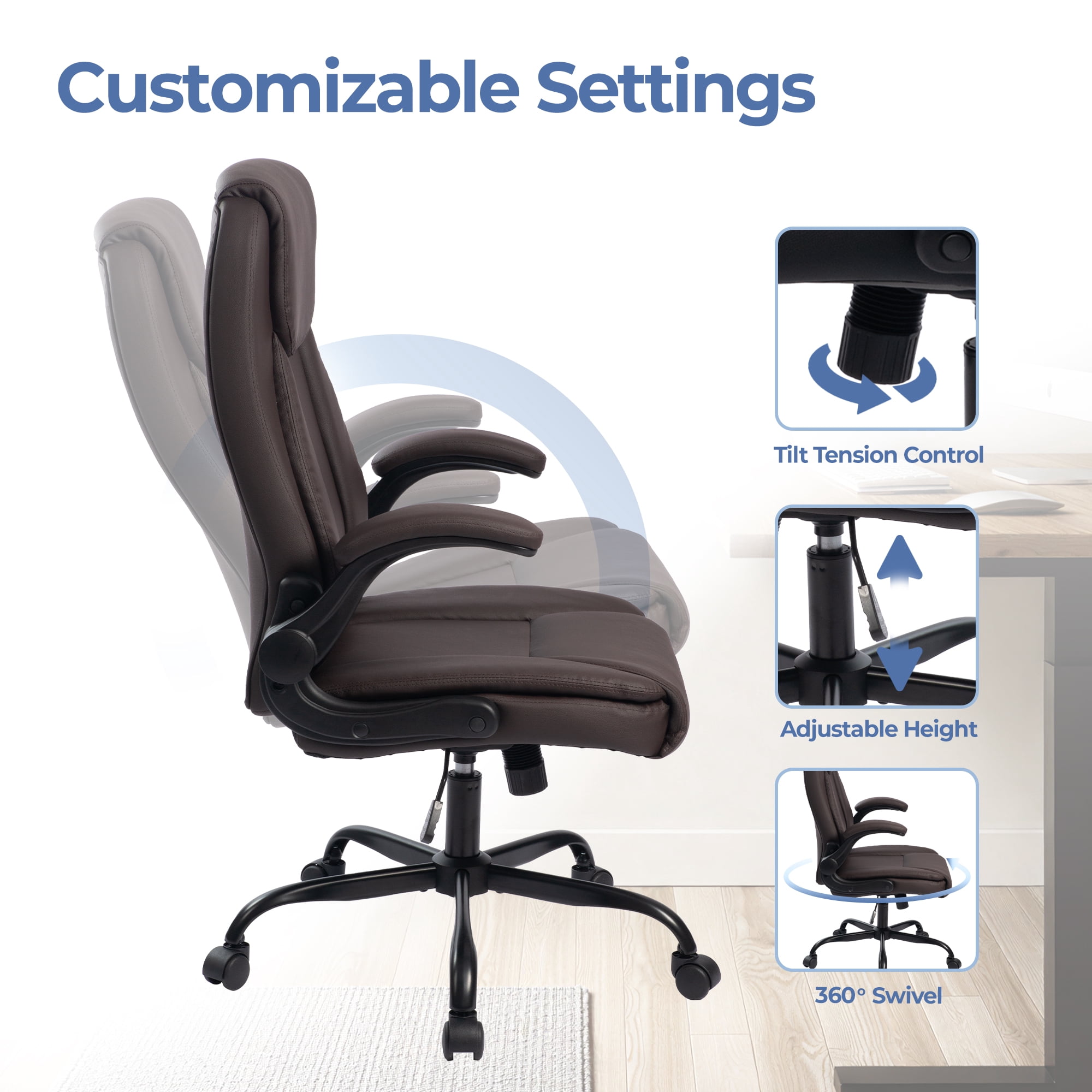 CELTOSS Executive Office Chair with Ergonomic Leather Back Support and Flip-Up Armrests, Heavy Duty Cushioned Desk Chair, Brown