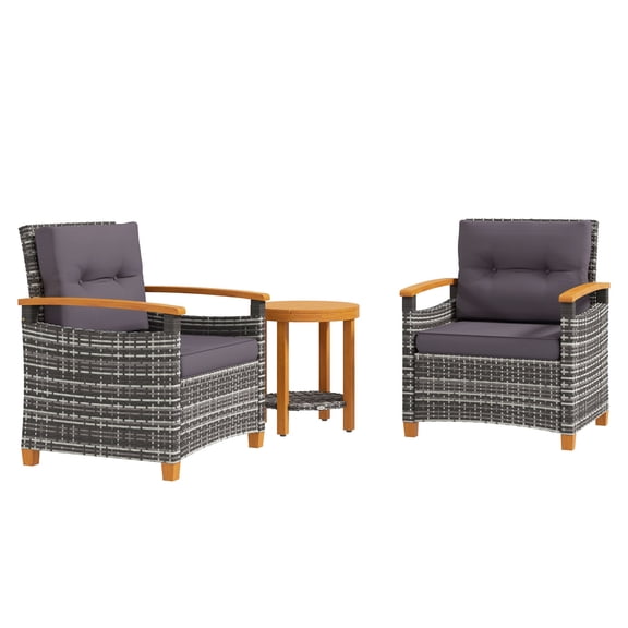 Wicker Patio Furniture Set, Outdoor Bistro Set with Cushions for Porch, Backyard, Garden - 3 Piece Gray Rattan Chairs & Table
