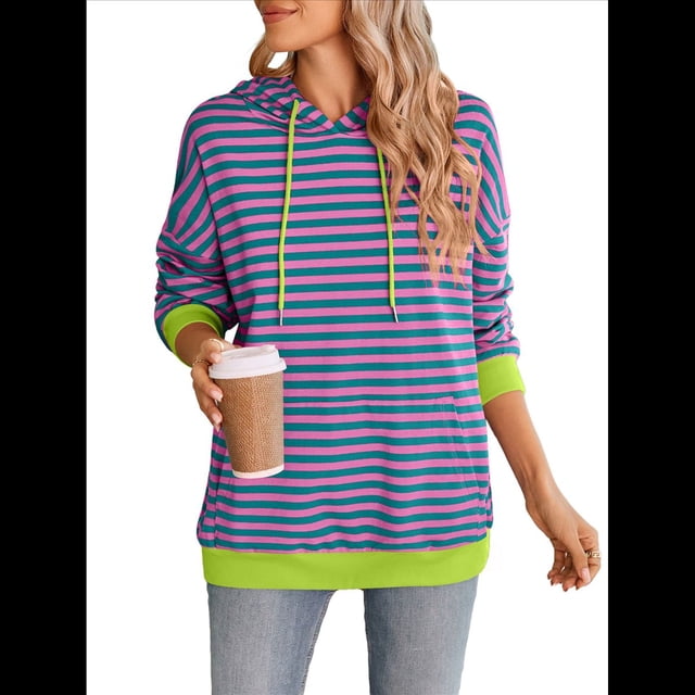 Sudadera con Capucha A Rayas para Mujer, Estilo Adolescente, para Otoño. Rosa Verde M