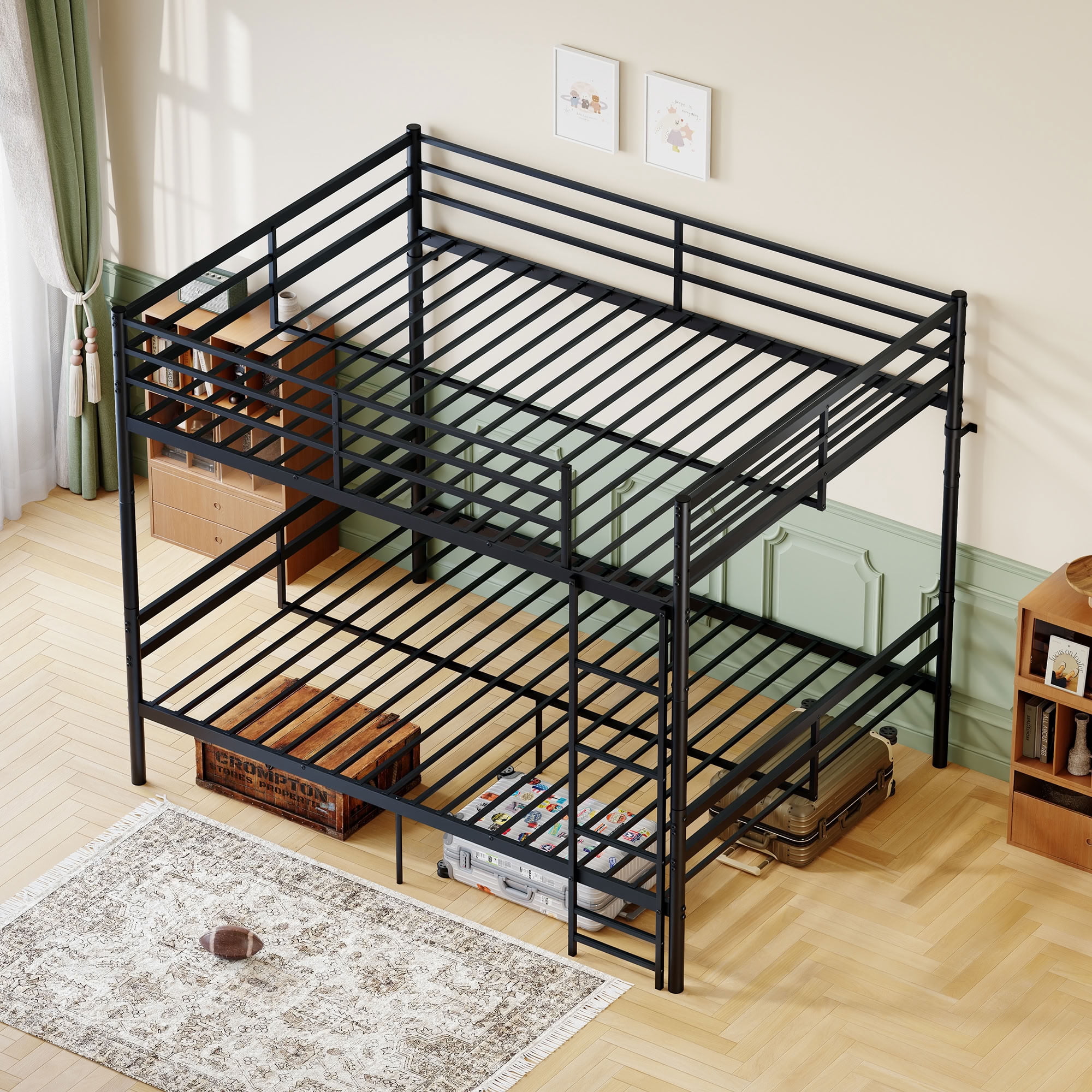MAYEERTY Queen Over Queen Bunk Bed with Ladder and High Guardrails, Heavy Duty Metal Bed Frame Supports 550 lbs, Space-Saving Storage for Kids Teens Adults
