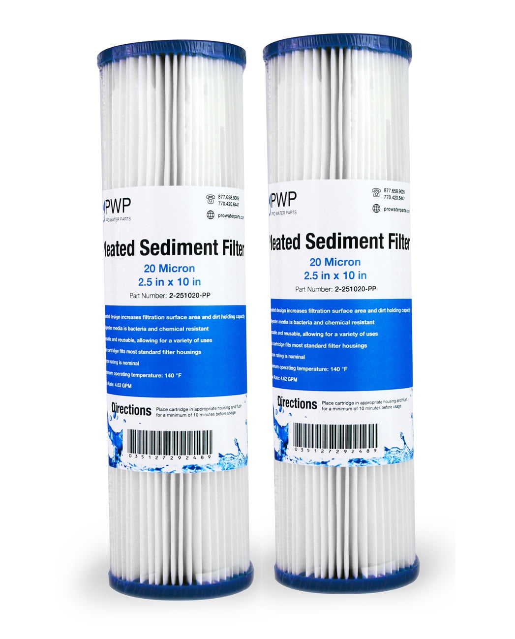Pleated Poly Sediment Water Filter Cartridge Standard 2.5x10" 50 Micron 4 Pack 