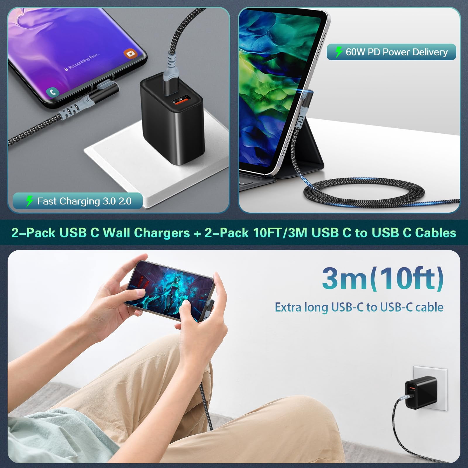Quyaojz for 20W USB-C Fast Wall Charger, 2-Pack USB-C Power Adapter + 2X 10FT Right-Angle Type C to C Charge Cord Compatible with iPhone 15 16 Samsung Galaxy S22 Ultra S21 S20 S10 Pixel 6/5/4