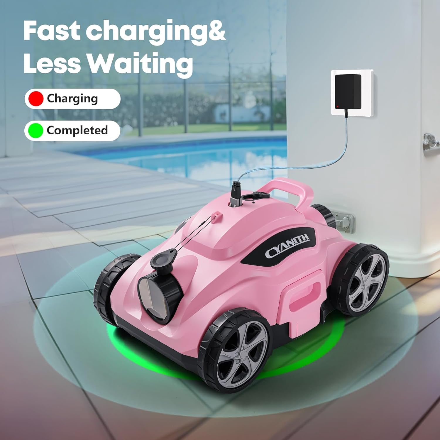 Cyanith MF-PC01 Cordless Robotic Pool Cleaner, 110-Min Runtime, Self-Parking, Adjustable Nozzles, for Above-Ground and Flat-Bottom Inground Pools up to 1026 Sq Ft,pink