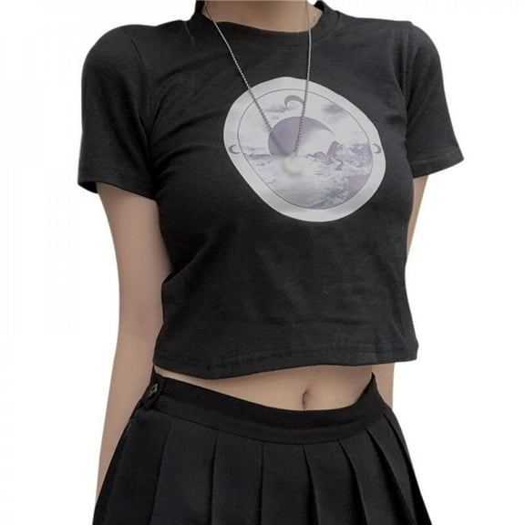 Women's t-Shirt Korean Printed Round Neck Slim Female Top All-Match Navel Short Sleeve t-Shirts Saco Vetements Femmes