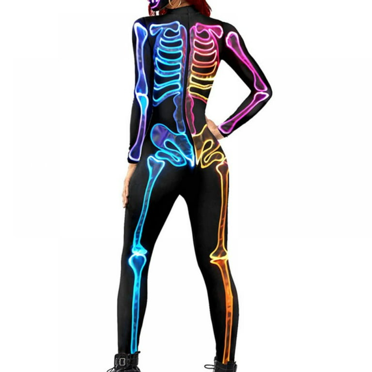 Women Halloween Cosplay Costume Funny Skeleton Bodysuit Long