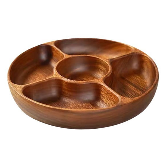 Round Fruit Tray, 5 Compartments Round Serving Tray, Wooden Tray, Wood Serving Bowl, Wooden Fruit Bowl, for Kitchen or Table Centrepiece Decoration, Serving Bowl