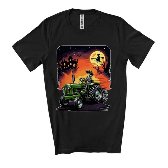 Vintage Skeleton Driving Tractor; Amazing Halloween Costume Moon Driver; Family Group Unisex T-Shirt