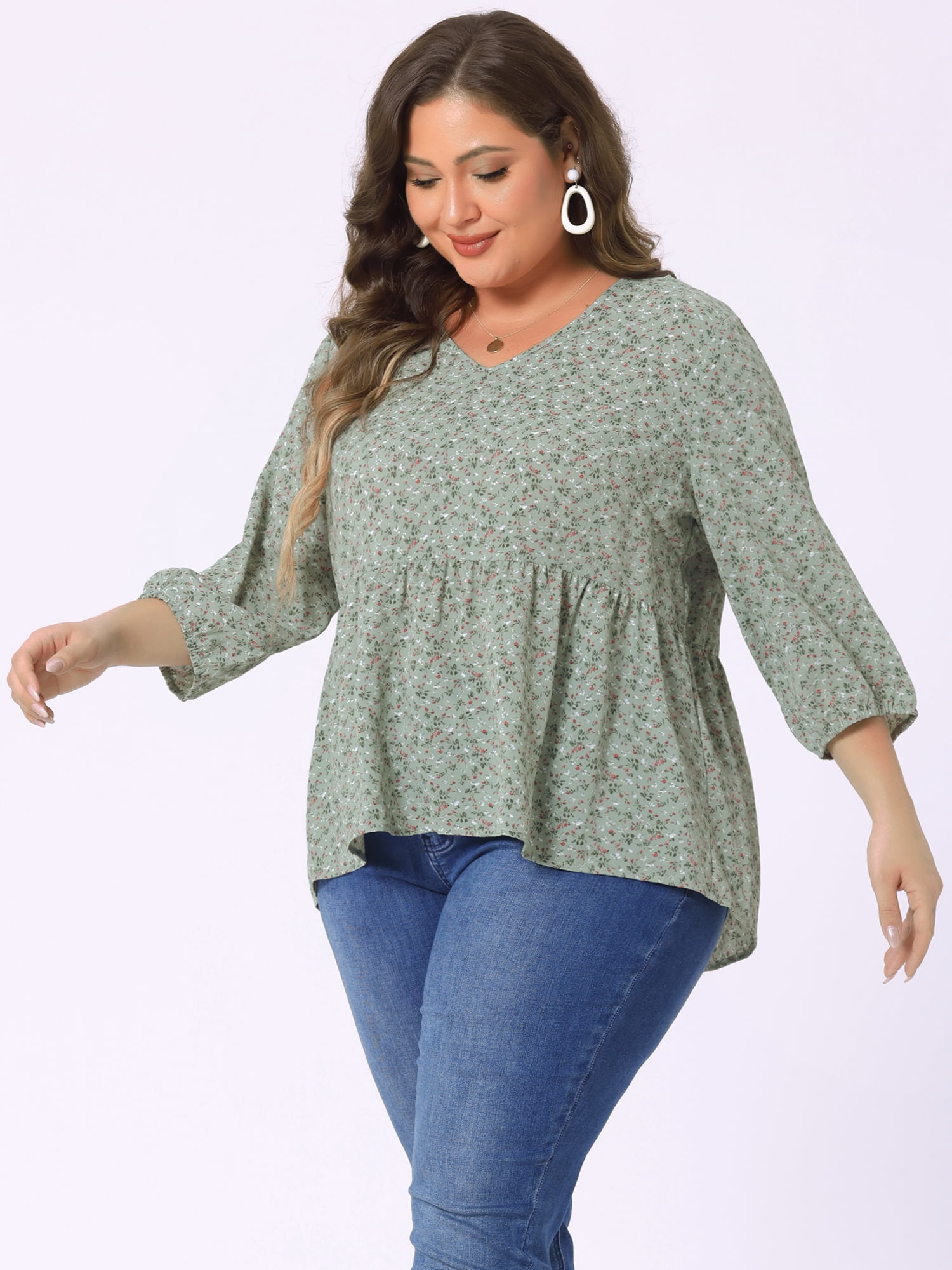 Unique Bargains Women's Plus Size V Neck Flowy 3/4 Sleeve Floral Blouse 1X Green
