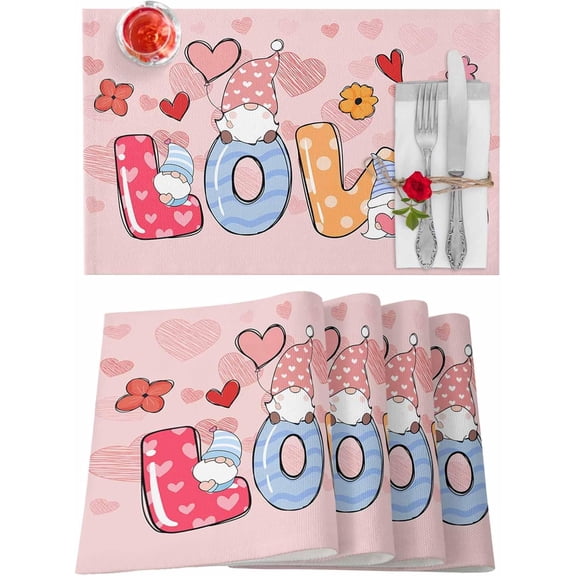 Valentines Placemats Love Heart Balloon Valentines Day Place Mats for Dining Room Gnome Flowers Washable Table Mats for Kitchen Dining Decorations Set of 6