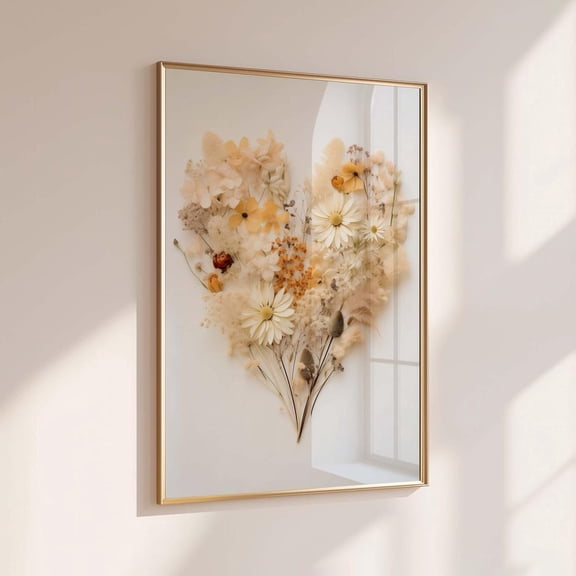 Pressed Flowers Heart Poster: Boho Botanical Wall Art, Unframed Poster Size 8x12