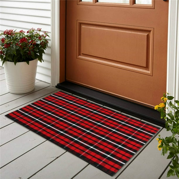 TureClos HandWoven Cotton Christmas Plaid Area Rug Anti Slip Doormat