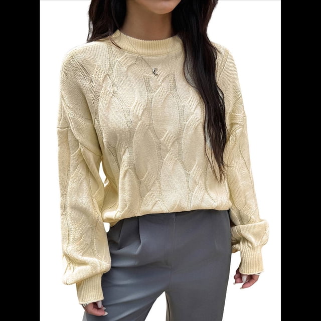 Suéter Informal de Larga para Mujer, Jersey de Punto Acanalado, Holgado, con Cuello Redondo y Cable, para Otoño. Albaricoque L