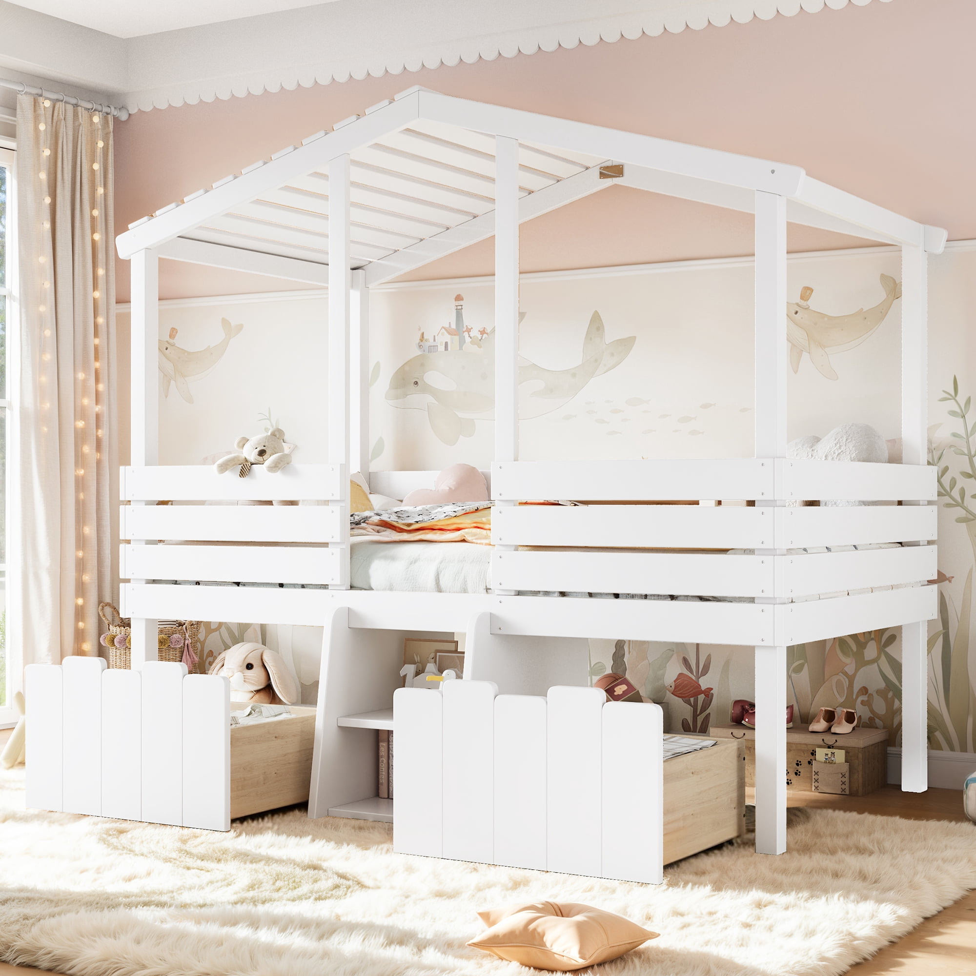 Leumius Twin House Loft Bed with Cute Stairs and 2 Storage Drawers, Farmhouse Low Loft Bed with House Shaped Roof, Childlike and No Box Spring Needed Design White