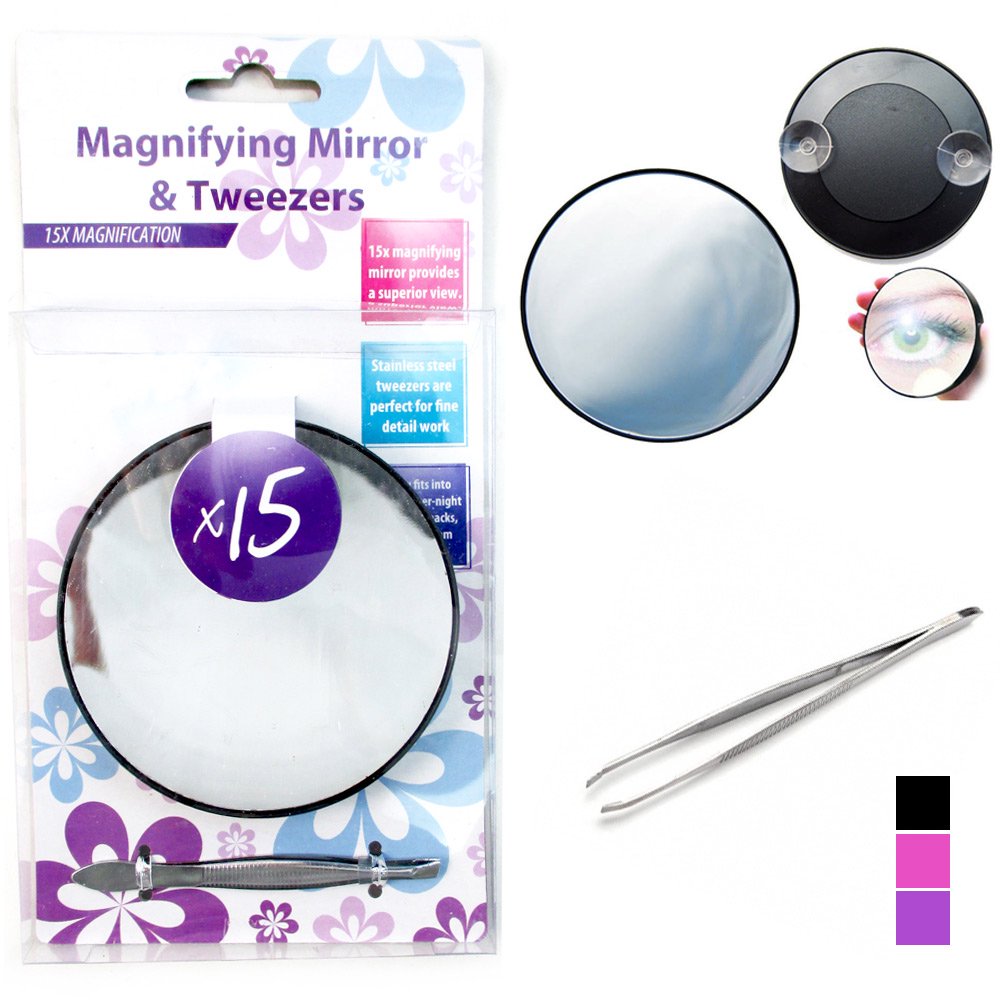 Magnifying Mirror 15x Suction Cup With Stainless Steel Tweezer Compact