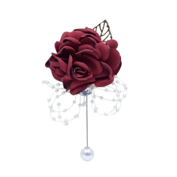 Inteprter Ramillete de boda elegante de poliéster, accesorio delicado y refinado, broches duraderos y duraderos Kits de decoración para fiestas vino rojo
