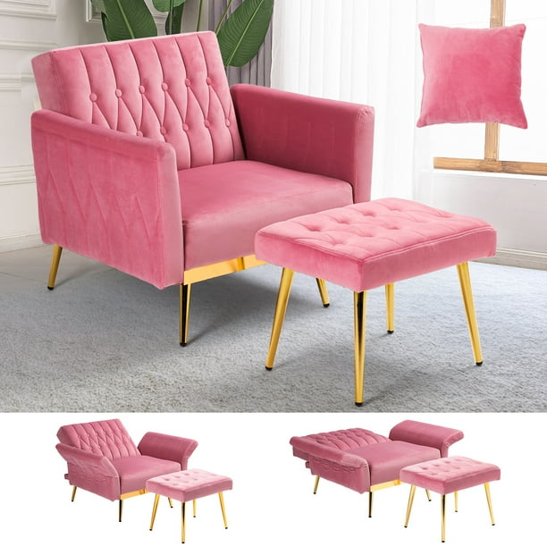 ACMEASE Velvet Accent Chair with Adjustable Armrests and Ottoman, Pink