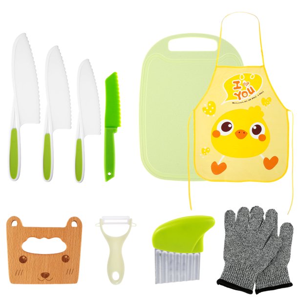 Cuchillo de cocina de madera Grusce para niños. El juego incluye un cuchillo de madera seguro para niños, cuchillo de plástico con bordes dentados, cortador de sándwiches y tabla de cortar.