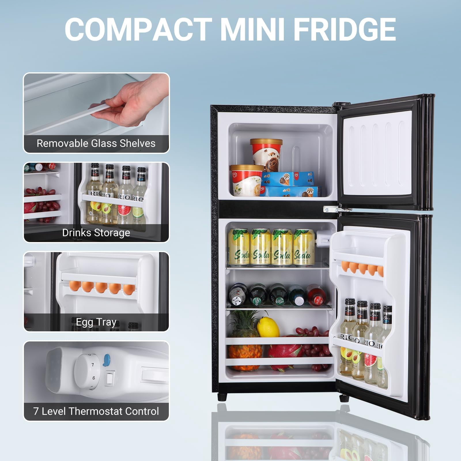 3.6 Cu.Ft Mini Fridge with Freezer, Adjustable Thermostat Compact Fridge with Freezer, Mini Refrigerator with Freezers Small Size Dorm Fridges for Office Apartment Dorm Kitchen Office, Black