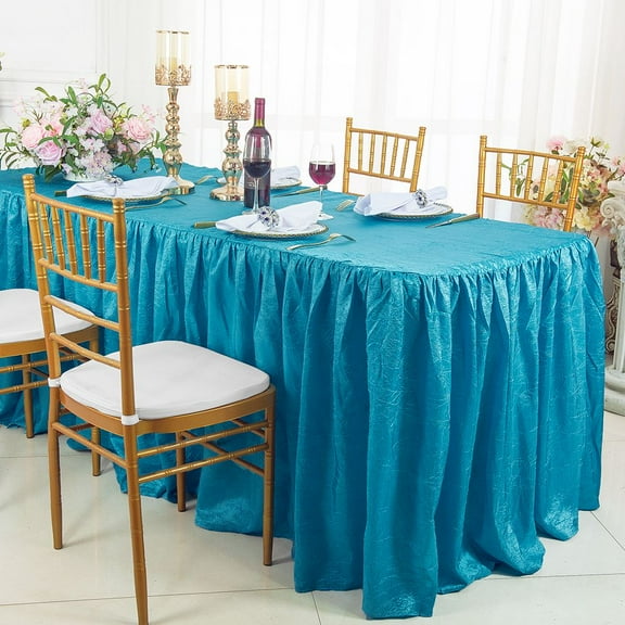 Wedding Linens Inc. 6' ft (30"x72") Rectangular Ruffled Fitted Crushed Crinkle Taffeta Tablecloth With Skirt for Party, wedding, events, décor - Turquoise
