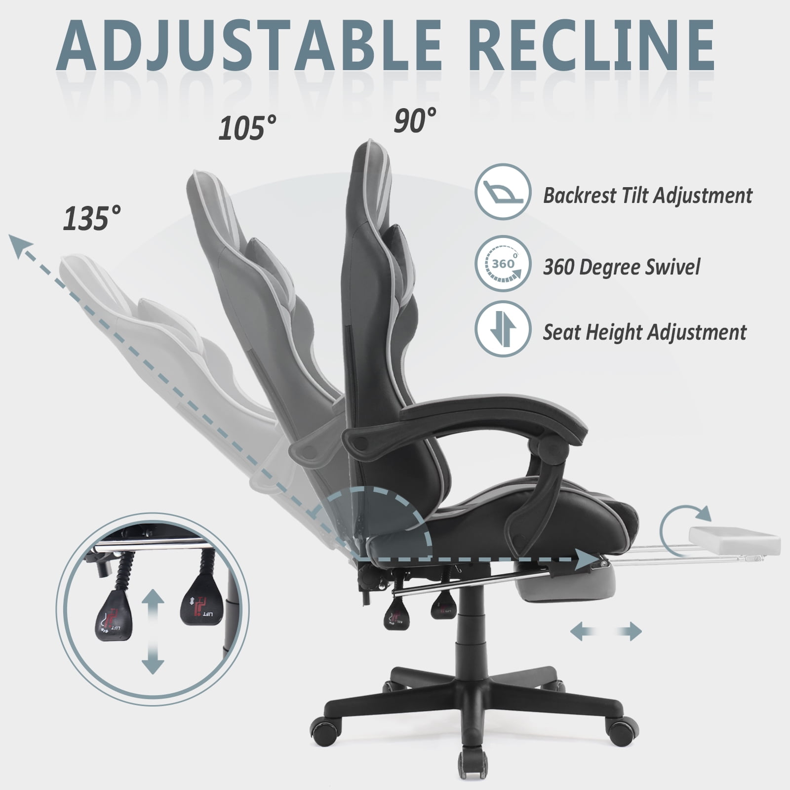 Luxvie Gaming Chair with Footrest High Back Computer Office Gamer Chair with Massage and Headrest Lumbar Support Swivel Seat Ergonomic Game Chair for Adults, Gray