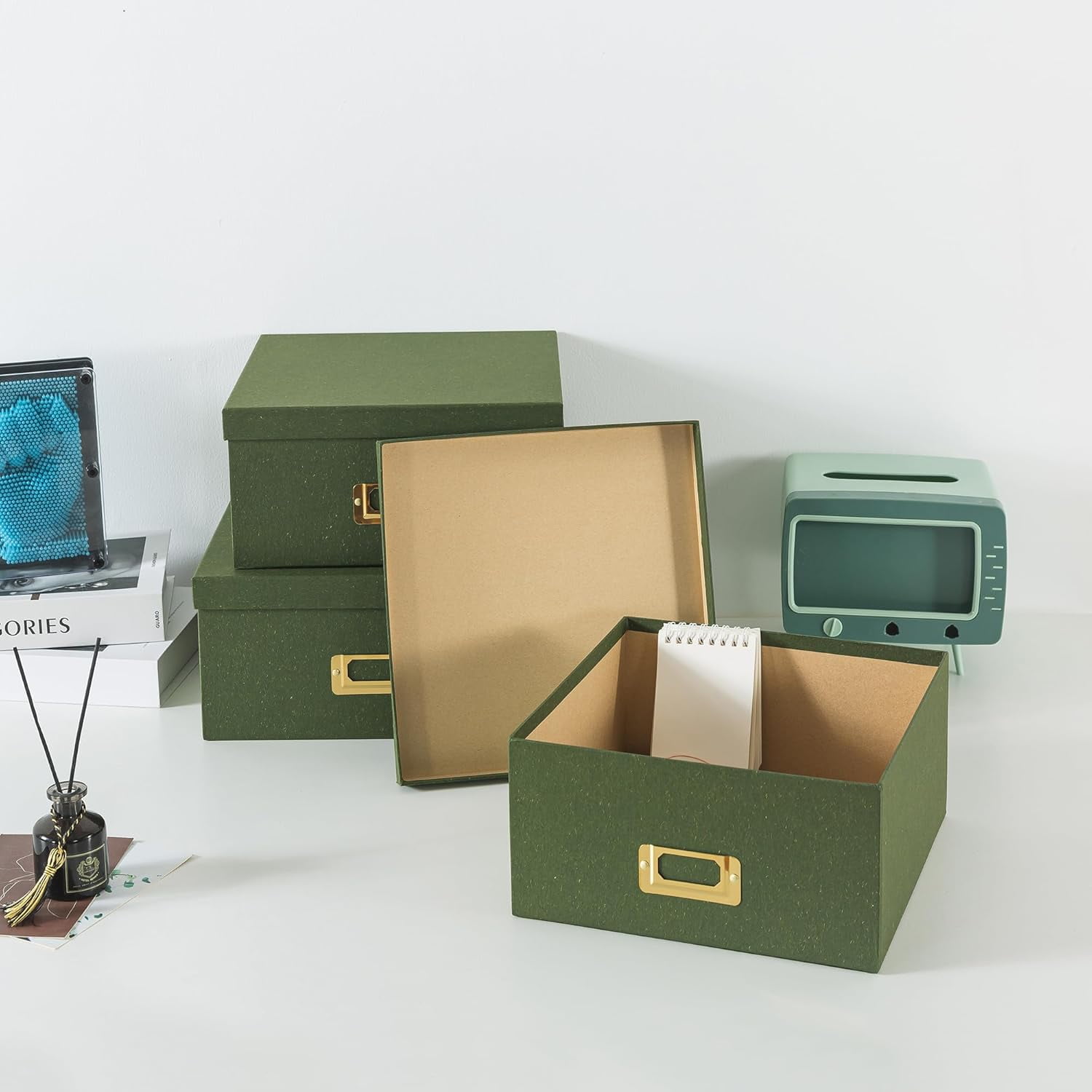 Square Stacking Boxes with Lids and Gold Label Holders, Decorative Photo Storage, Nesting Cardboard Set for Decor and Organizing