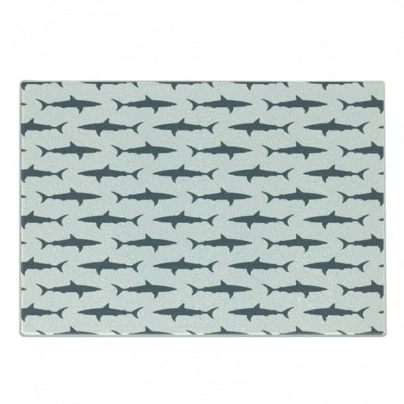 Sea Animals Cutting Board, Sharks Swimming Horizontal Silhouettes Powerful Dangerous Wild Life, Decorative Tempered Glass Cutting and Serving Board, Small Size, Charcoal Grey White, by Ambesonne
