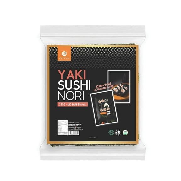 Organic Yaki sushi nori (100 Half sheets), 125g, Vegan Roasted seaweed, Product of S. Korea /NuEats