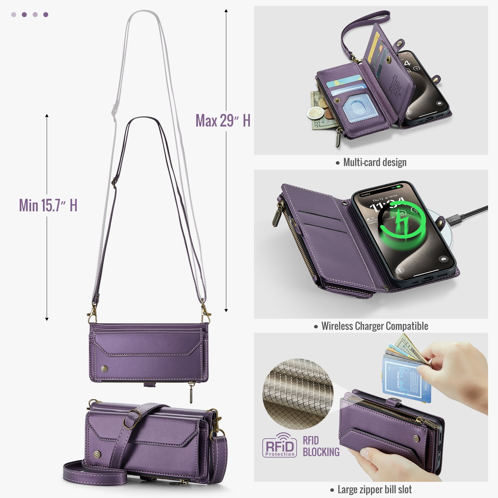CoverTrend for iPhone 13 Case Crossbody Purse with Strap Women Card Holder Zipper Wallet Lanyard Flip Faux Leather RFID Blocking Stand Cover,Purple