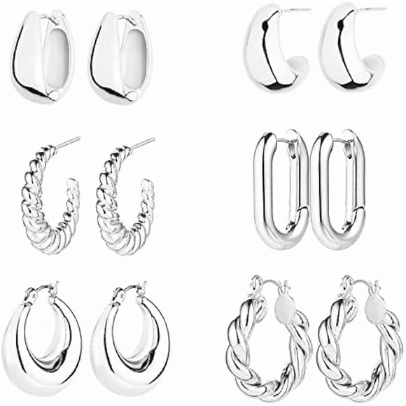 ccwmincc 6 Pairs 14K Gold Plated Hoop Earrings for Women Lightweight Chunky Hoop Earrings Multipack Hypoallergenic, Thick Open Twisted Huggie Hoops Earring Set Jewelry for Gifts.
