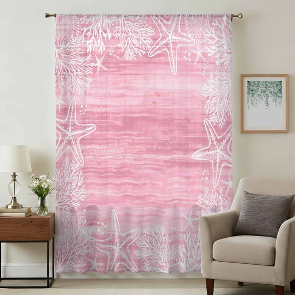 Pink Coastal Sheer Curtains 72 Inches Long, Summer Ocean Sea Ombre Starfish Corals Light Filering Curtains, Breathable Simi Curtain Privacy Drapes for Living Room Bedroom Lightweight Window Treatment