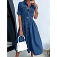 thumbnail image 3 of Women's Denim Shirt Dress V-Neck Short Sleeved Waist A-Line Jeans With Pockets Button Dress Fashion, 3 of 5